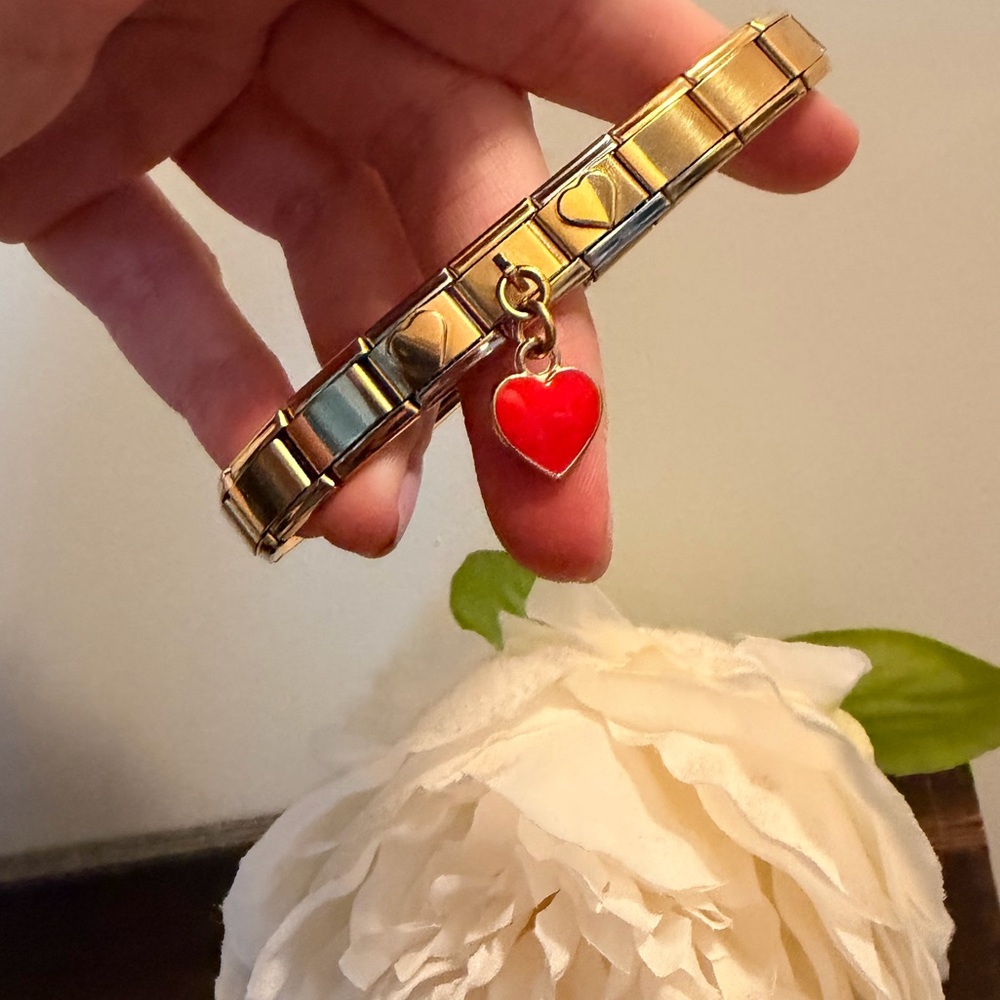 Gold tone Heart Italian Charm Bracelet with Red Heart Dangle